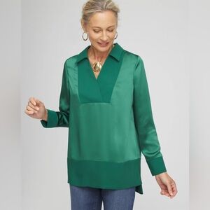 NWT Chicos Relaxed Stretch Satin Tunic Top Juniper Green Size 1.5 US 10 $99 New